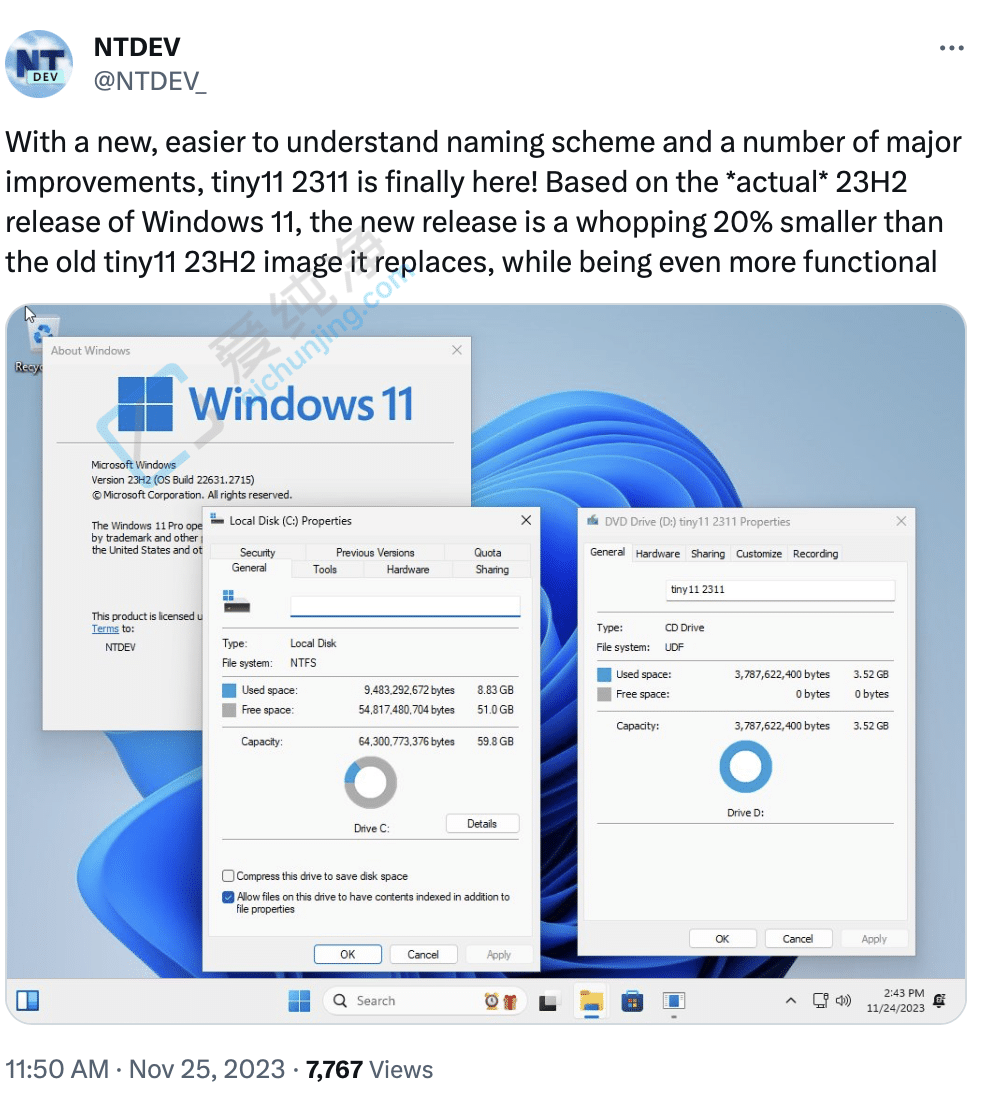 O Win11Tiny11  23H2 汾we^m(x)pС 20%